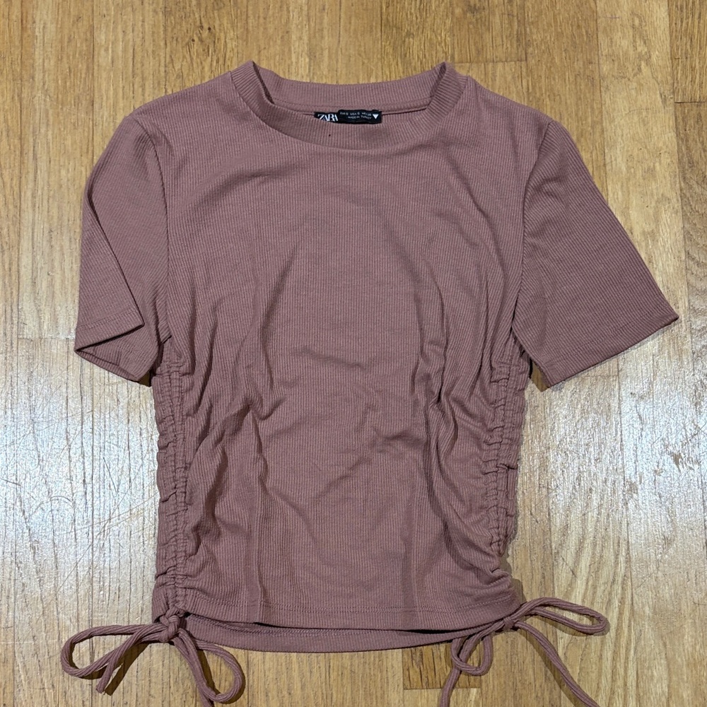Zara Dusty Rose Ribbed Short Sleeve Tee with Side Drawstrings